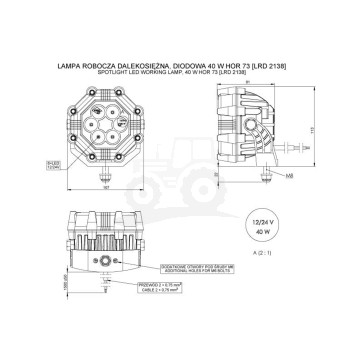 Lampa robocza dalekosężna HOR73 32w diodowa 12/24V przewód 2x0,75mm-1,5mb 3000lm