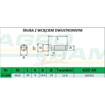 ŚRUBA Z NAKRĘTKĄ M14X40 12.9 (30 STOPNI) (Z WCIĘCIEM DWUSTRONNYM) PREMIUM