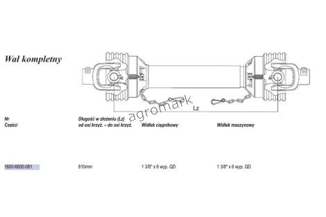 Wał  Weasler 849Nm (Lz=810mm, Lmax=1110mm)
