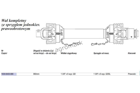 Wał  Weasler 460Nm (Lz=910mm.,Lmax=1275mm.) sprz. jedno kier