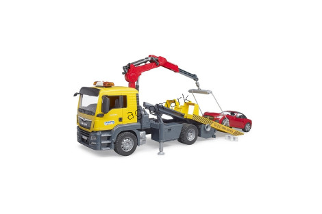 MAN TGS pomoc drogowa z autem Roadster czerwonym