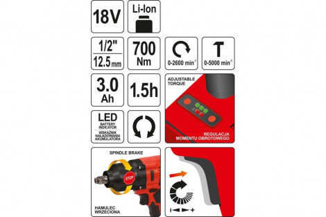 Klucz udar. Bezszczot . 18V 70Nm 3Ah