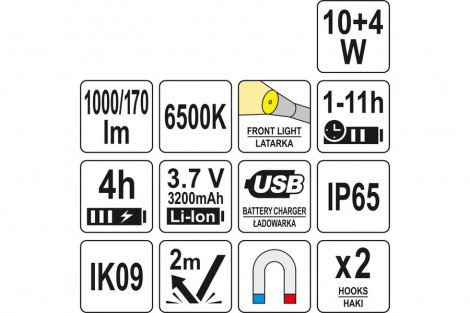 Lampa warsztatowa COB LED10W 1000LM LI-ION