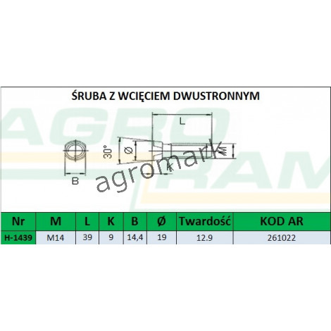 ŚRUBA Z NAKRĘTKĄ M14X40 12.9 (30 STOPNI) (Z WCIĘCIEM DWUSTRONNYM) PREMIUM