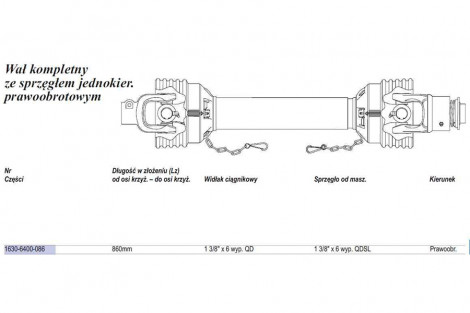 Wał  Weasler 460Nm (Lz=910mm.,Lmax=1275mm.) sprz. jedno kier