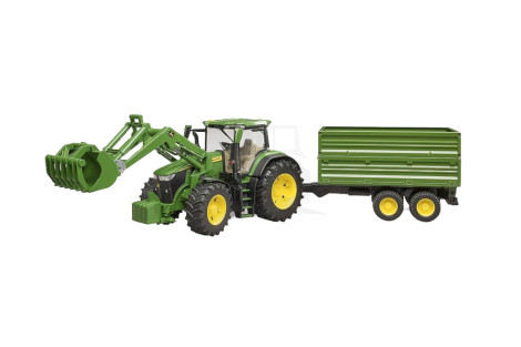 Traktor John Deere 7R 350 z ładowaczem czołowym i przyczepą 2-osiową