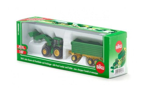 Traktor John Deere z przyczepą i ładowarką