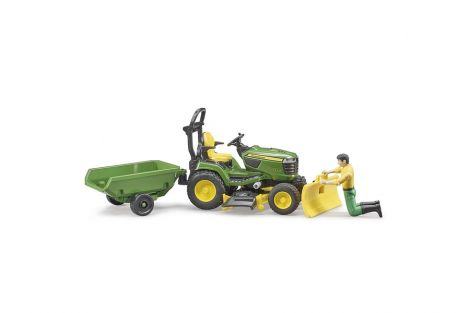 Traktorek John Deere z kosiarką, łyżką przyczepką i figurką ogrodnika