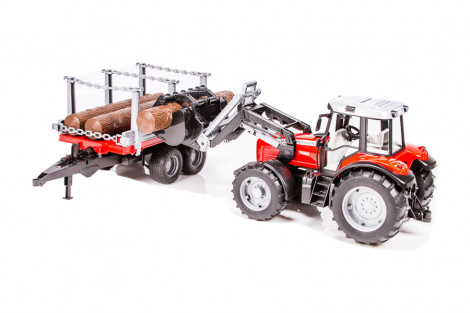 Traktor Massey Ferguson 7480 z ładowaczem czołowym, przyczepą do drzewa