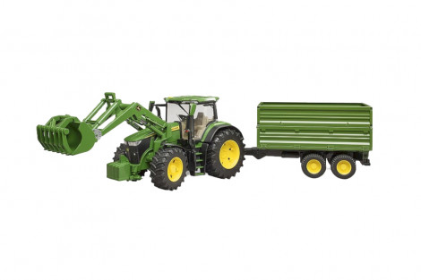 Traktor John Deere 7R 350 z ładowaczem czołowym i przyczepą 2-osiową