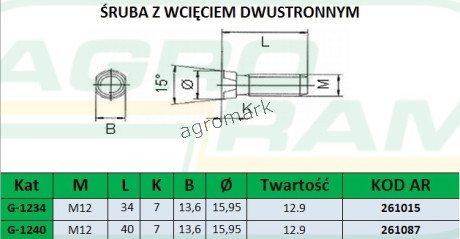 ŚRUBA Z NAKRĘTKĄ M12X34 12.9 (Z WCIĘCIEM DWUSTRONNYM) PREMIUM