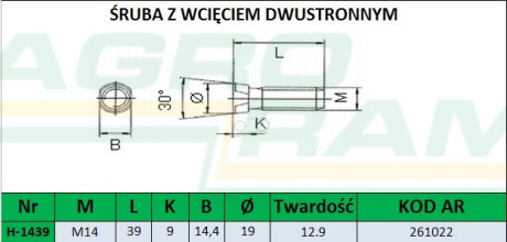 ŚRUBA Z NAKRĘTKĄ M14X40 12.9 (30 STOPNI) (Z WCIĘCIEM DWUSTRONNYM) PREMIUM